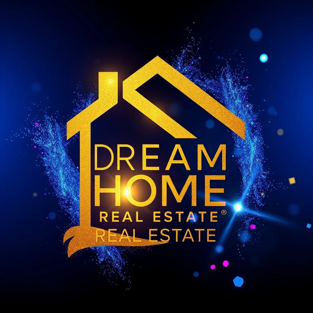 Логотип: Dream Home Real Estate (вместо лица)
Фон: глубокий космос или темный градиент от темно-синего к синему электрику
Элементы: мерцающие переливающиеся голубые блестки и космическая пыль вокруг логотипа; неоново-розовые, голубые, желтые и фиолетовые светящиеся пиксели, разбросанные по фону как цифровые фрагменты
Освещение: эффектное кинематографическое освещение с глубокими тенями и высококонтрастными бликами на золотом элементе дома из логотипа
Текстура: гиперреалистичная текстура золотого элемента с видимыми микрочастицами пыли и блеска
Стиль: сказочный цифровой сюрреализм, редакционная фотография высокой моды