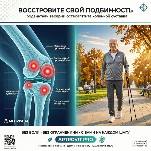 Фон для медицинской рекламы лечения остеоартрита, разделенная композиция. Слева: крупный план коленного сустава с легким свечением красных болевых точек, стиль медицинского рентгена, темно-синие и бирюзовые тона. Справа: счастливый активный пожилой мужчина гуляет в парке, яркий солнечный свет, теплые тона. Высокотехнологичная медицинская визуализация, чистый минималистичный дизайн, пустое место сверху и снизу для размещения текста. Профессиональная фармацевтическая фотография, 4k, фотореализм.