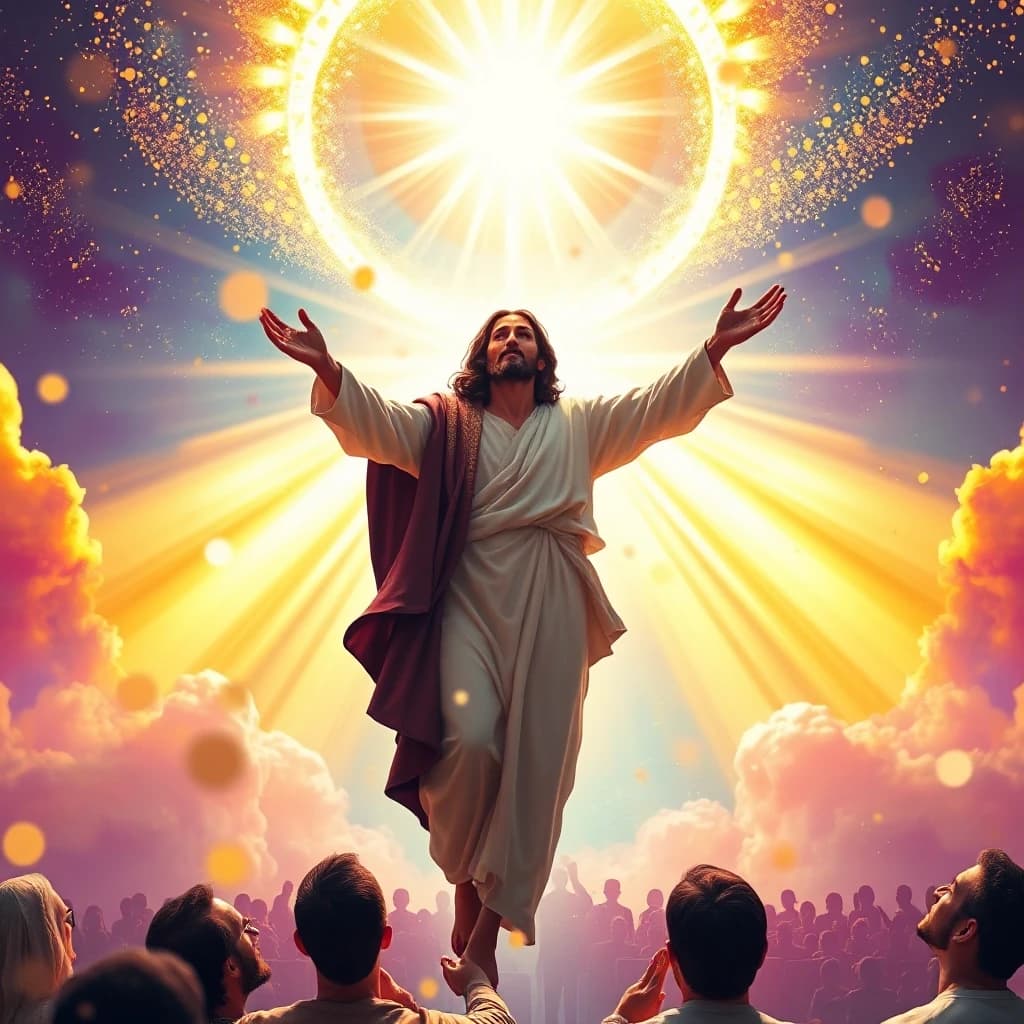 A colorful and vibrant digital art of the Ascension of Our Lord Jesus Christ. The figure of Jesus rises into a massive, bright opening in the sky, enveloped in intense golden and white ethereal light. Thousands of sparkling light particles and soft divine rays create a festive, holy atmosphere. Below, the witnesses are captured in deep emotion, detailed expressions. Extremely vivid color palette with rich gold, sky blue, purple, and ruby tones. Hyper-detailed, volumetric lighting, epic composition, 8k, sharp focus.