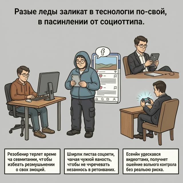 Сделай картинку для поста:

Разные люди залипают в технологии по-своему, в зависимости от социотипа.  

Робеспьер теряет время за сериалами, чтобы избежать размышлений о своих эмоциях.  

Штирлиц листает соцсети, ища чужую ясность, чтобы не чувствовать неясность в отношениях.  

Есенин увлекается видеоиграми, получая ощущение волевого контроля без реального риска.

--картинка должна быть без текста