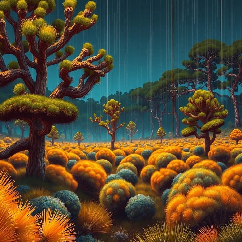 woods, landscape of a (Shrub-Steppe:1.1) , it is Illuminated, Raining, Neon Light, by Ronald Wimberly, Paul Rand, futuristic, cyberpunk, highly detail, enhanced quality, dynamic dramatic beautiful full taking, luxurious sharp focus, pure, perfect composition, magical composition, aesthetic