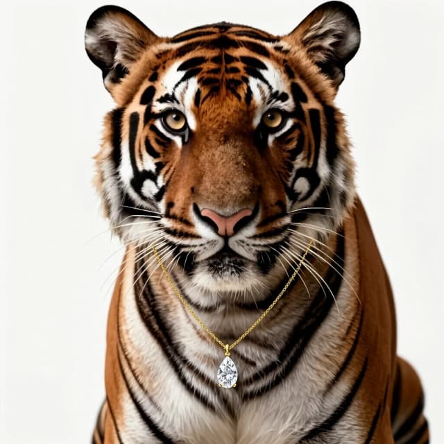 A masterpiece professional commercial wildlife photography of an elegant female tiger animal, gentle feminine features, beautiful sand-honey eyes. Medium shot portrait, step back from the camera to show her upper body. She wears an exquisite ultra-thin delicate gold link chain, partially hidden and entwined in her neck fur. A realistic tiny minimal 1-carat oval-cut sparkling diamond teardrop pendant hangs gracefully in a clean invisible gold setting. Solid seamless pristine white studio background. Soft warm elegant lighting, natural shadows under the jewelry, high contrast, crisp facets, photorealistic.