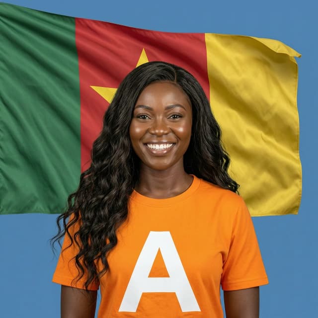 Realistic portrait of a beautiful smiling African woman with long dark wavy hair
. She is wearing a bright orange t-shirt with a large white letter "A" logo on it. In the background, there is a large, slightly waving flag of Cameroon (vertical stripes of green, red, and yellow with a yellow star in the center). Bright studio lighting, high resolution, photorealistic style, solid blue background behind the flag. She must be beautiful.