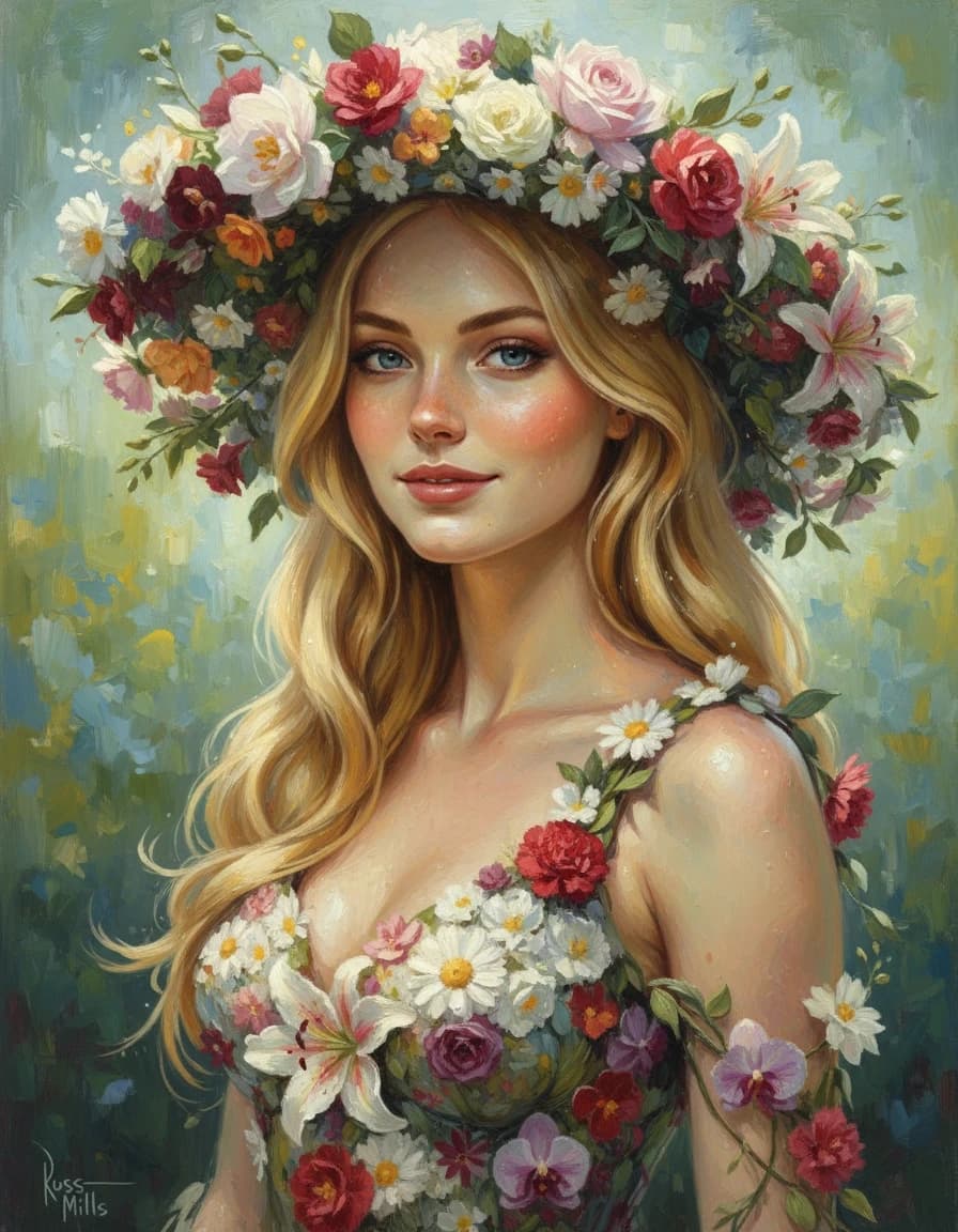 A real masterpiece. How would artificial intelligence depict:(A beautiful blonde woman, full-length, about twenty years old, in a dress made of fresh flowers and a hat made of fresh flowers)). Close-up. High resolution. High quality. Increased attention to small details. Hyper-realistic style. Increased attention to the smallest details and colors. By Russ Mills.