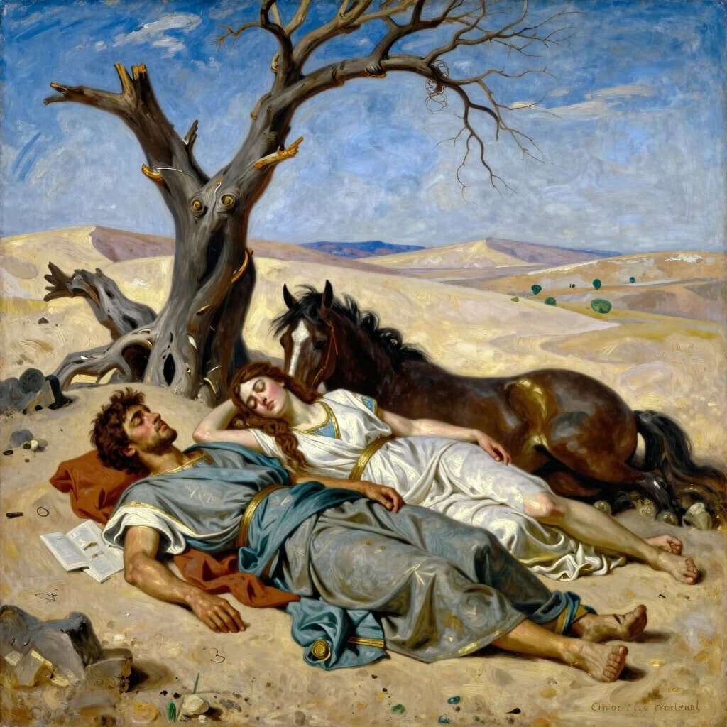Oil painting, ancient times of Greece, a young man of 20 years old and a girl of 18 years old, lying unconscious on the sand,  next to a dried tree and a fallen horse, around the desert, style Ilya Repin