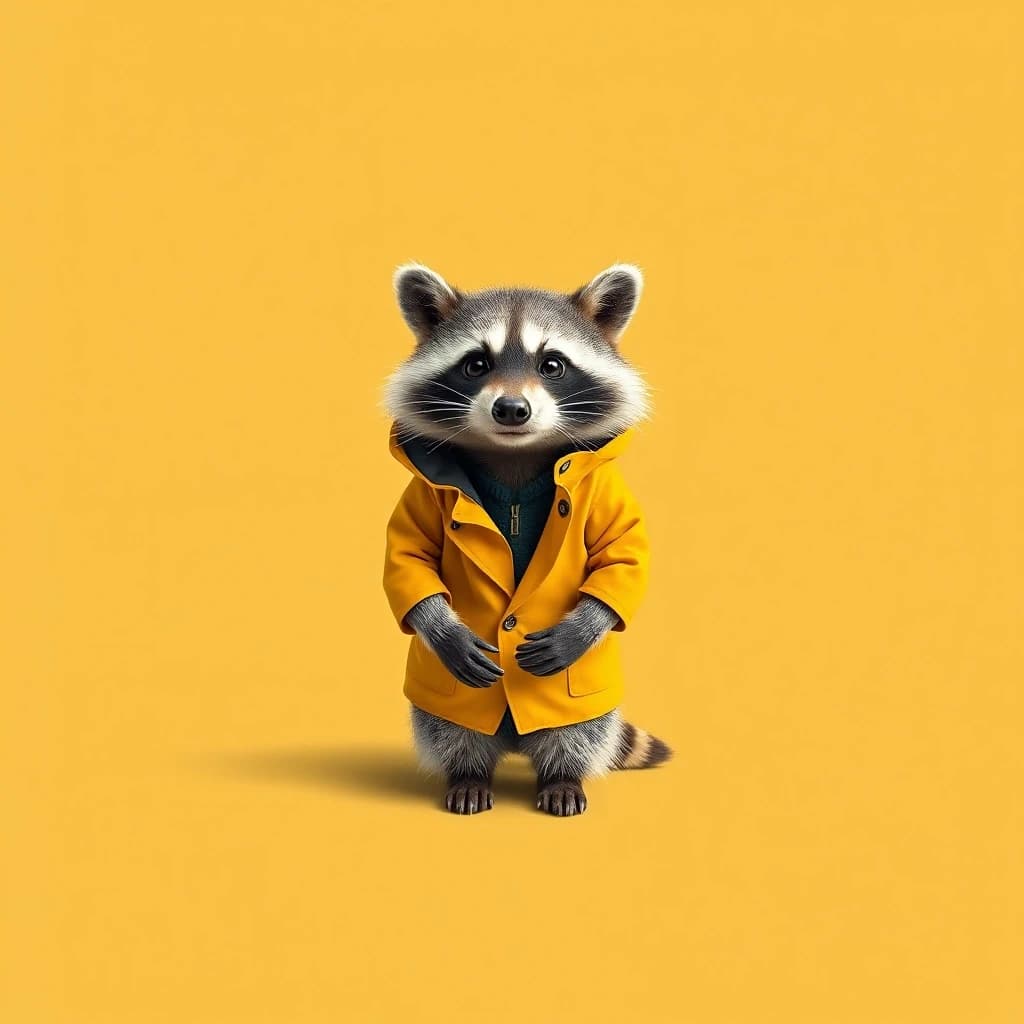 Draw a symmetrical frontal frame in the style of Wes Anderson for the A6 format. In the center is a full—length raccoon, he stands quietly, wearing a miniature mustard yellow raincoat with a hood. The background is smooth mustard, without patterns. Palette: mustard, gray‑brown, beige, white. The lighting is soft, diffused, and the shadows are smooth. High detail: raccoon fur, raincoat fabric, seams and fasteners, anatomically correct proportions. No labels. 8K, stylized to match a movie frame.