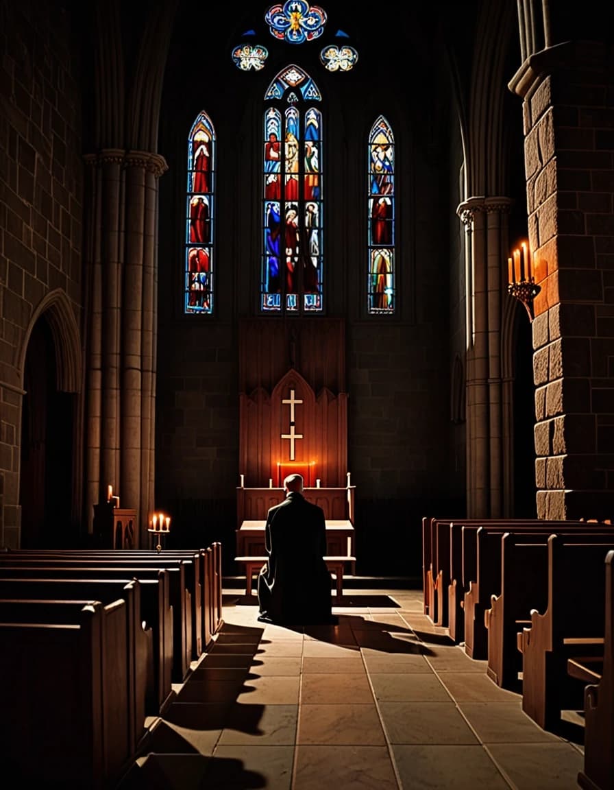 A symbolic scene inside a vast Gothic church. A man sits alone on a wooden pew opposite the confessional, his head lowered. Behind him, candlelight projects an enormous shadow onto the stone wall, visually resembling a second person — his past and his secret life. In the distance, a priest waits quietly for the confession to begin. The stained-glass windows are almost completely lost in darkness, with only a few colored rays touching the stone floor. Candles create a long glowing path toward the altar. Psychological thriller atmosphere, mystery and a man's struggle with himself. Dark cinematic realism, powerful symbolism, dramatic lighting, ultra-detailed, vertical poster.