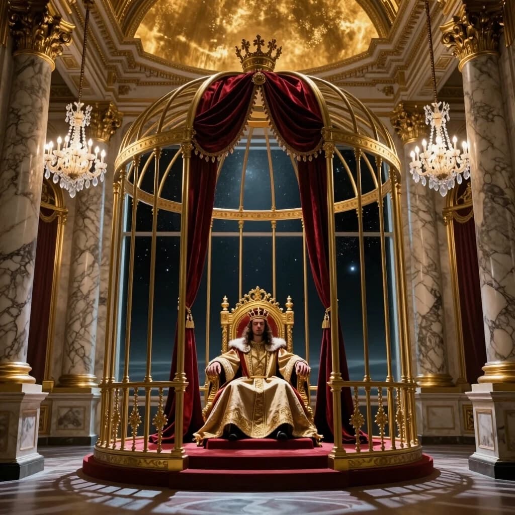 Cinematic wide shot of a magnificent baroque throne room with soaring marble columns, dripping with gold leaf, crystal chandeliers, and velvet crimson drapery. In the center, on an opulent golden throne, sits a solitary regal figure wearing a heavy crown and luxurious imperial robes. However, the throne is surrounded by intricate, delicate golden bars forming a beautiful but inescapable gilded cage. Through the enormous floor-to-ceiling windows behind the throne, instead of a view of a kingdom, there is only an endless, cold, dark cosmic void with distant stars, symbolizing the profound loneliness of power. The figure's posture shows exhaustion and isolation, not triumph. The upper part of the image is a vast golden ceiling with soft dramatic lighting, providing perfect negative space for event text. Photorealistic, dramatic chiaroscuro lighting, contrast between warm gold and cold dark blue/black, melancholic, philosophical, epic, 8k, 4:5 aspect ratio.