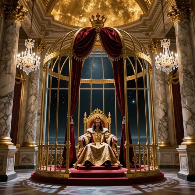 Cinematic wide shot of a magnificent baroque throne room with soaring marble columns, dripping with gold leaf, crystal chandeliers, and velvet crimson drapery. In the center, on an opulent golden throne, sits a solitary regal figure wearing a heavy crown and luxurious imperial robes. However, the throne is surrounded by intricate, delicate golden bars forming a beautiful but inescapable gilded cage. Through the enormous floor-to-ceiling windows behind the throne, instead of a view of a kingdom, there is only an endless, cold, dark cosmic void with distant stars, symbolizing the profound loneliness of power. The figure's posture shows exhaustion and isolation, not triumph. The upper part of the image is a vast golden ceiling with soft dramatic lighting, providing perfect negative space for event text. Photorealistic, dramatic chiaroscuro lighting, contrast between warm gold and cold dark blue/black, melancholic, philosophical, epic, 8k, 4:5 aspect ratio.