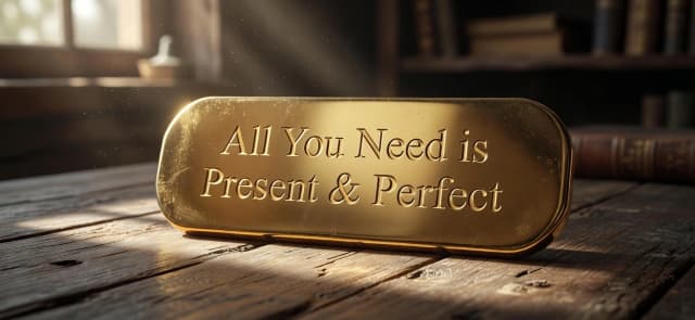 Надпись "All You Need is Present & Perfect" на продолговатой золотистой скрижали