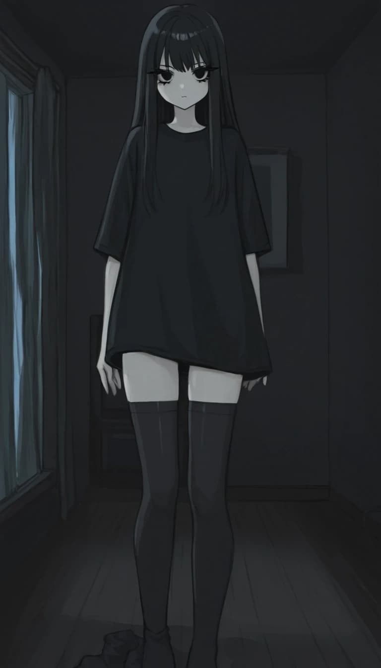 темная комната с окном. милая anime moe девушка. черные волосы средней длины. черные глаза. черные ресницы. черная длинная футболка черные чулки носки. низкорослая с плоской фигурой