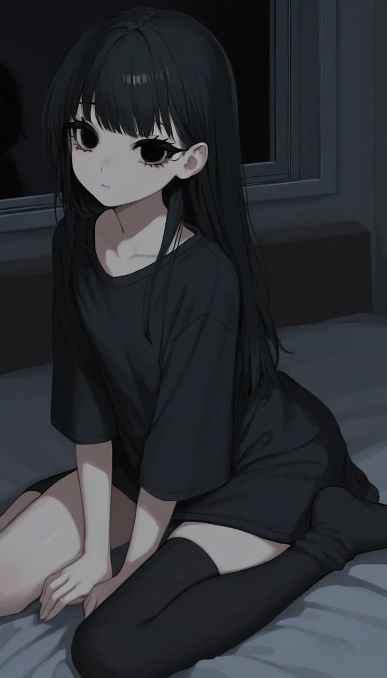 темная комната с окном. милая anime moe девушка. черные волосы средней длины. черные глаза. черные ресницы. черная длинная футболка черные чулки носки. низкорослая с плоской фигурой