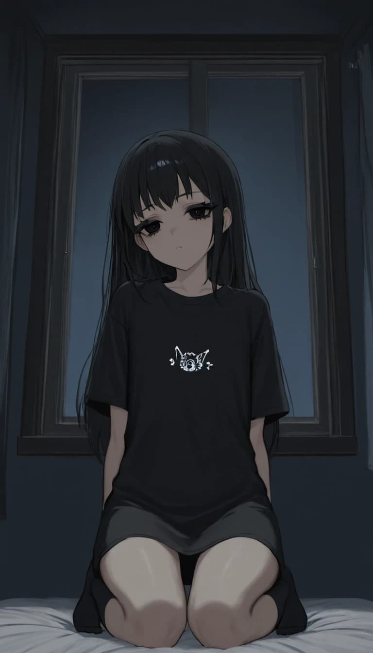темная комната с окном. милая anime moe девушка. черные волосы средней длины. черные глаза. черные ресницы. черная длинная футболка черные чулки носки. низкорослая с плоской фигурой