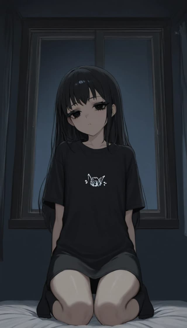 темная комната с окном. милая anime moe девушка. черные волосы средней длины. черные глаза. черные ресницы. черная длинная футболка черные чулки носки. низкорослая с плоской фигурой