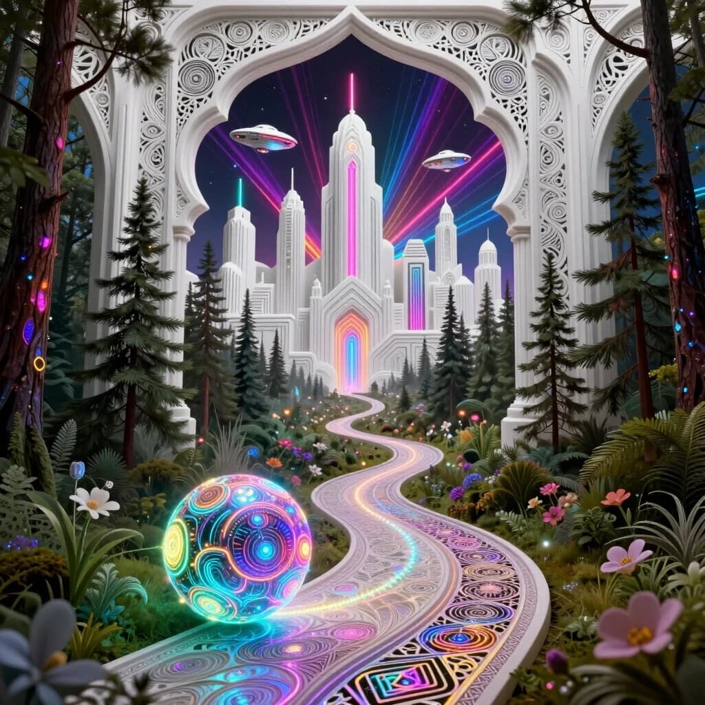 Background: a winding path leading from the forest to a white city. In the middle and far distance, a street in a futuristic ornamental white city with a thrilling triphobic neon pattern, spaceships, and flying saucers. Porous surfaces, zentangle, and shimmering. In the foreground, a magical forest with pine trees and flowers. A neon cybernetic ball rolls along the path. A thread from the ball. Shimmering and sparking. Glowing from the inside. Openwork metal carving, like delicate lace. Contrasting edges. Sparkling, shimmering colors. Style: Rococo, Neo-Rococo, Baroque, Mudéjar, light oriental motifs, Art Nouveau. High quality and detailed work. Baroque curves. Fascinating contrasting image. Attracts the eye. Play of light. Depth and volume. Art Deco, Gothic. In the style of Andrew Jones, Julie Dillon, David Gallchatt, Josephine Wall. Glowing patterns, bioluminescent drawing. Aetherial lighting, jewelry with details, mystical atmosphere. High detail, surrealism. Otherworldly effect, sacred geometry, futuristic tribal, rainbow, magical realism.