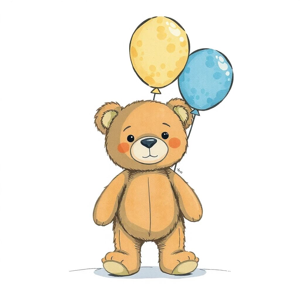 simple minimal teddy bear with three ballons
