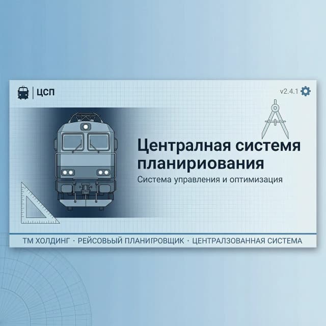 сделай картинку для заставки программы, которая называется "Централизованная система планирования". Размер картинки 600x255 пикселей. Цветовая гамма светло-синяя. На картинке должен слегка просматриваться циркуль и угольник. Основным фоном должен быть электровоз, его изображение возьми по ссылке https://tmholding.ru/upload/iblock/cd9/hkzr22dl0yfm62oi04uy2wjvimt0a6ay.jpg