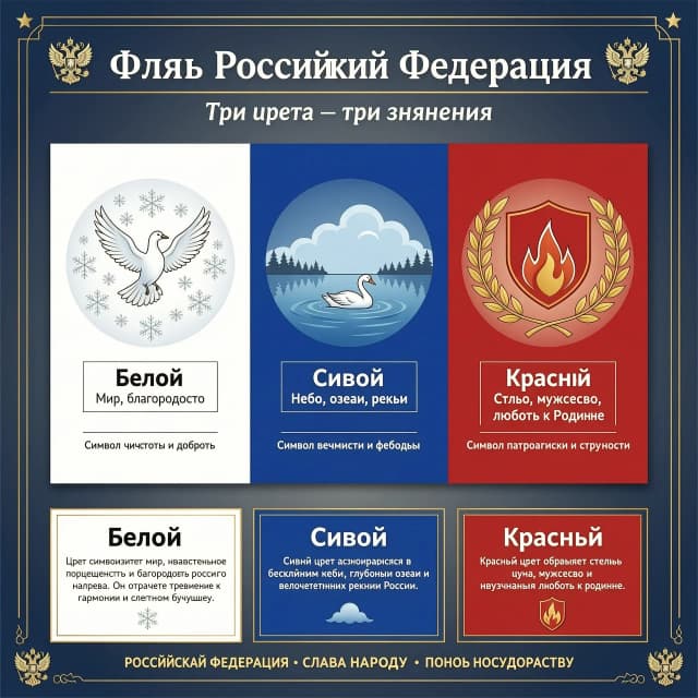 Создай картинку с флагом РФ.
где будет обозначение цветов.
Белый-мир, благородство
Синий-небо, озера, реки
Красный-сила, мужество, любовь к родине