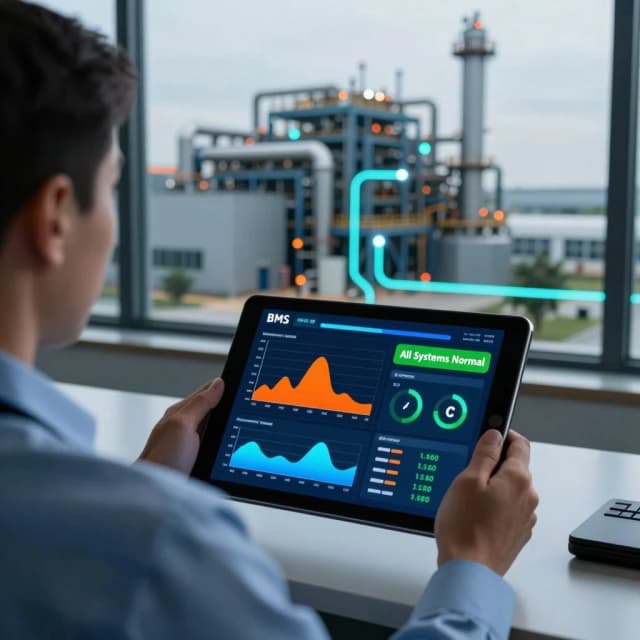 Professional dispatcher monitoring a building management system on a tablet, screen displaying colorful data dashboards, charts, and green "All Systems Normal" status. In the background, a large industrial facility or smart building is visible through a window, digitally connected to the tablet via glowing data lines. Concept of centralized control and remote monitoring. Style: modern interface design, human-centric, blue and white color palette with orange accent graphs, photorealistic, professional BMS advertising. --ar 16:9