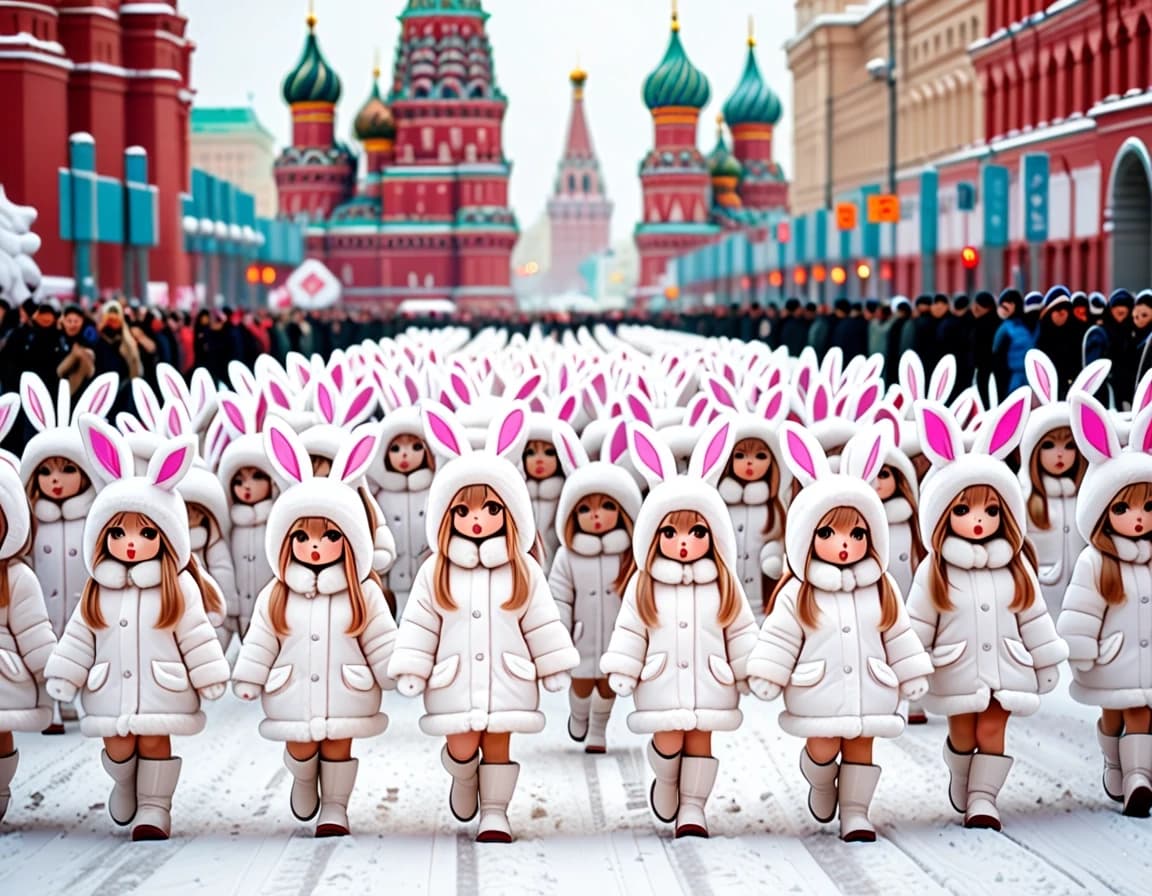 Cute kawaii chibi-style anthropomorphic bunny girls marching in dense multiple parallel rows on snowy Red Square in Moscow.

Many ranks of adorable chibi rabbit girls with big sparkling eyes, fluffy bunny ears and small tails, each wearing a fluffy white winter fur coat, white bunny-ear ushanka hat and white boots.

They have diverse hair colors: light brown, blonde, soft pink, light blue, lavender, silver, peach, mint, etc.

Each girl holds a stylized cute pastel-colored AK-style rifle (pink, lavender, light blue).

They are marching forward in neat military parade formation, several deep rows stretching into the distance.
Winter landscape: thick white snow covering the ground, soft falling snowflakes in the air, snow on the roofs and walls.

Background: Spasskaya Tower with clock on the left, colorful onion domes of Saint Basil’s Cathedral on the right, pale winter sky with light clouds.
Highly detailed chibi anime style, soft pastel colors, wholesome and adorable atmosphere, clean composition, high quality