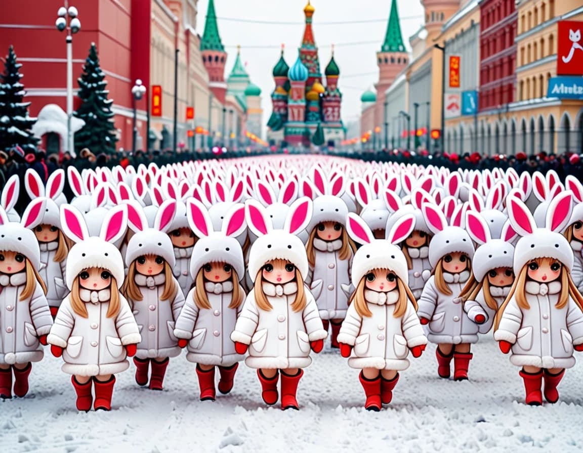 Cute kawaii chibi-style anthropomorphic bunny girls marching in dense multiple parallel rows on snowy Red Square in Moscow.

Many ranks of adorable chibi rabbit girls with big sparkling eyes, fluffy bunny ears and small tails, each wearing a fluffy white winter fur coat, white bunny-ear ushanka hat and white boots.

They have diverse hair colors: light brown, blonde, soft pink, light blue, lavender, silver, peach, mint, etc.

Each girl holds a stylized cute pastel-colored AK-style rifle (pink, lavender, light blue).

They are marching forward in neat military parade formation, several deep rows stretching into the distance.
Winter landscape: thick white snow covering the ground, soft falling snowflakes in the air, snow on the roofs and walls.

Background: Spasskaya Tower with clock on the left, colorful onion domes of Saint Basil’s Cathedral on the right, pale winter sky with light clouds.
Highly detailed chibi anime style, soft pastel colors, wholesome and adorable atmosphere, clean composition, high quality