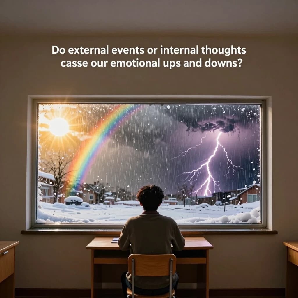 Cinematic photorealistic shot of a single person sitting at a wooden desk in a simple, neutral room, looking out through a large panoramic window. Through the window, the weather is dramatically unstable and surreal: on the left side of the window, bright golden sunshine with a rainbow; on the right side, a violent thunderstorm with heavy rain and lightning; in the center, a gentle snowfall. The person's face and body language show calm observation mixed with subtle tension, reflecting the question: "Do external events or internal thoughts cause our emotional ups and downs?" The room has a large empty beige wall above the window, providing perfect negative space for adding the event title and questions. Philosophical, introspective, contrast between the warm indoor light and the chaotic outdoor weather, photorealistic, dreamy atmosphere, soft shadows, 4:5 aspect ratio, 8k.
