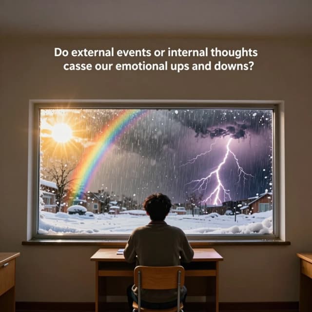 Cinematic photorealistic shot of a single person sitting at a wooden desk in a simple, neutral room, looking out through a large panoramic window. Through the window, the weather is dramatically unstable and surreal: on the left side of the window, bright golden sunshine with a rainbow; on the right side, a violent thunderstorm with heavy rain and lightning; in the center, a gentle snowfall. The person's face and body language show calm observation mixed with subtle tension, reflecting the question: "Do external events or internal thoughts cause our emotional ups and downs?" The room has a large empty beige wall above the window, providing perfect negative space for adding the event title and questions. Philosophical, introspective, contrast between the warm indoor light and the chaotic outdoor weather, photorealistic, dreamy atmosphere, soft shadows, 4:5 aspect ratio, 8k.
