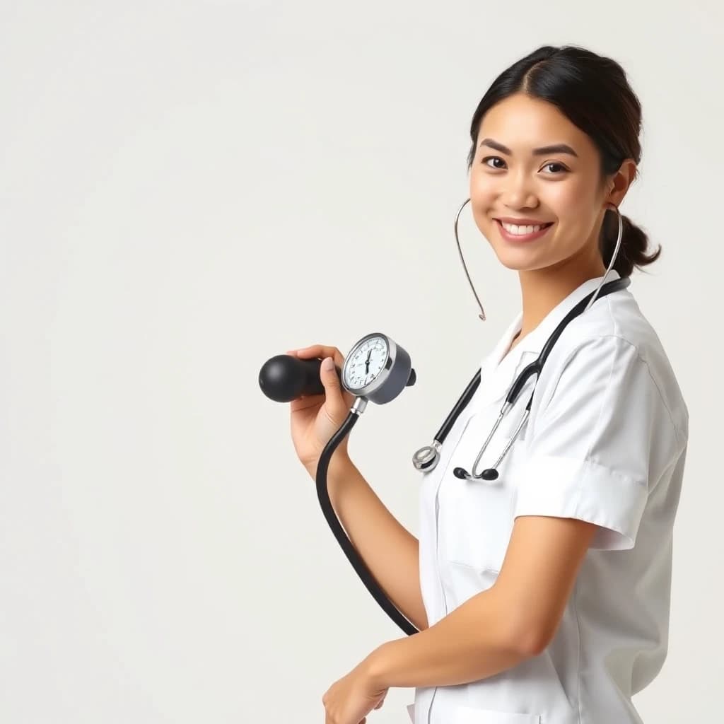 Professional vector graphics on a pristine white background. Nurse smiling, pressure measurement, heart health.