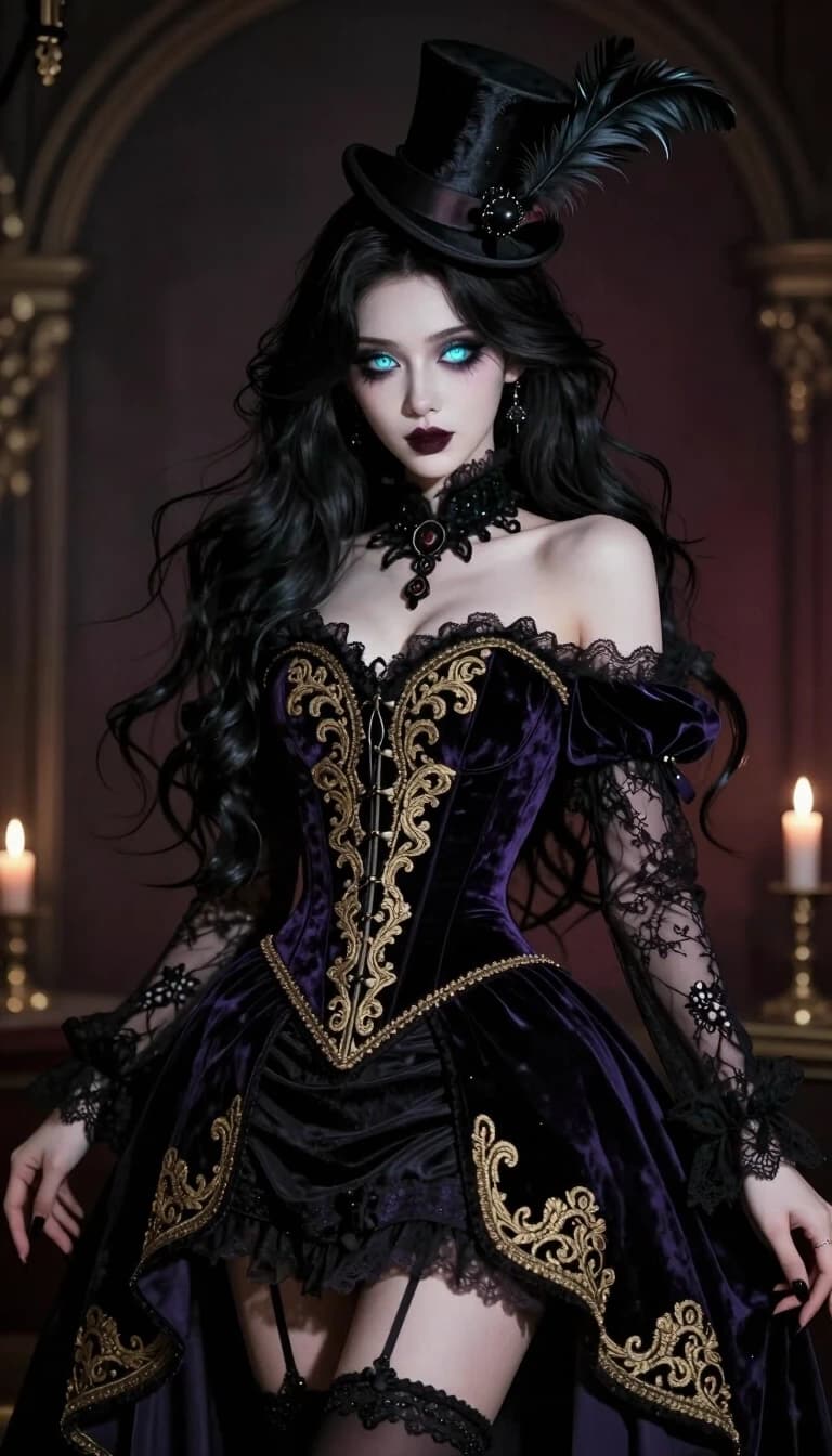 Visual novel character sprite style, elegant gothic fortune teller woman, "The Freak Circus" aesthetic, long flowing dark hair, mesmerizing glowing eyes, wearing an ornate dark velvet corset dress with gold embroidery, sheer lace sleeves, and a miniature top hat with feathers. Mysterious and eerie vibe, sharp features, dark fantasy illustration, smooth shading, professional character design presentation.