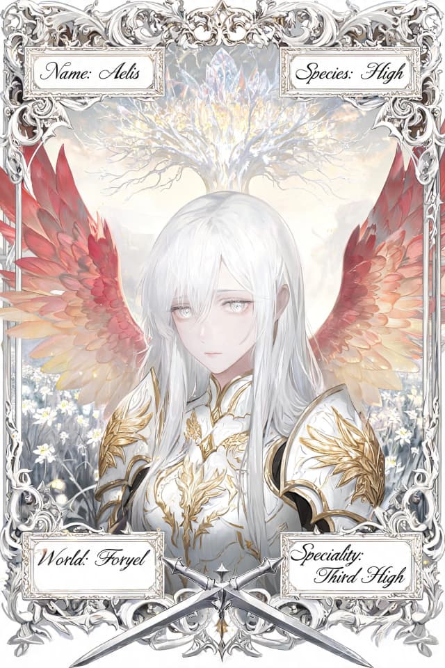 Character dossier in dark fantasy style, inspired by «Sins of the Immortals». Central close-up portrait of Aelys, a tall and graceful female with long, straight hair the color of fresh snow, and luminous silver eyes. She wears elegant white and gold armor with wing motifs. Her expression is calm but sorrowful. The background reflects the world of Foryel: ethereal white fields, the colossal crystalline Tree of Life in the distance, soft golden light. Ornate gothic frames surround the portrait, containing elegant inscriptions in a fictional script. The text in the frames reads exactly: «Имя: Аэлис», «Вид: Высшая», «Мир: Фориэль», «Особенность: Третья Высшая». Additional decorative elements: majestic feathered wings in shades of sunset (crimson, rose, gold) spreading behind her, scattered luminescent white flowers (lumins), two crossed silver daggers at the bottom. The color palette is celestial white, gold, and soft crimson. Highly detailed digital painting, moody and atmospheric, sharp focus, perfect composition --ar 2:3 --v 6.0