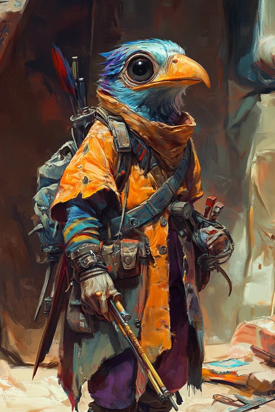 Fantasy character portrait, male kenku (bird person), small size, wearing oversized colorful coverall with many pockets, holding self-made spoon crossbow, big curious eyes, background gear and scrap, chaotic inventor style, children's book meets D&D, art by Brian Froud, --ar 2:3

--style raw --stylize 200