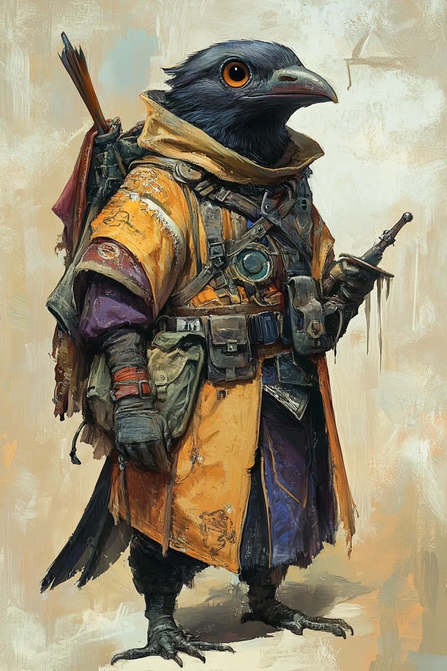Fantasy character portrait, male kenku (bird person), small size, wearing oversized colorful coverall with many pockets, holding self-made spoon crossbow, big curious eyes, background gear and scrap, chaotic inventor style, children's book meets D&D, art by Brian Froud, --ar 2:3

--style raw --stylize 200