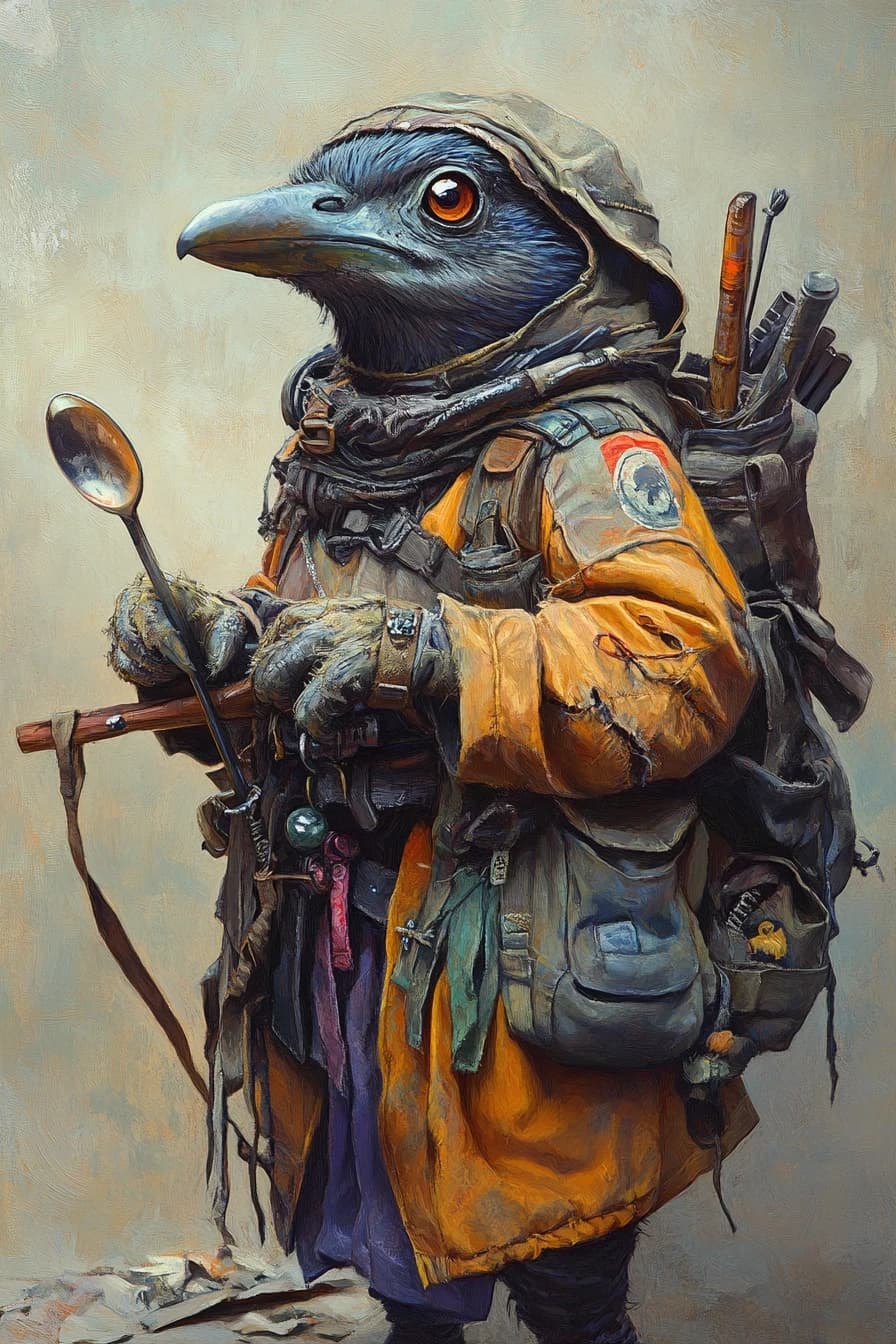 Fantasy character portrait, male kenku (bird person), small size, wearing oversized colorful coverall with many pockets, holding self-made spoon crossbow, big curious eyes, background gear and scrap, chaotic inventor style, children's book meets D&D, art by Brian Froud, --ar 2:3

--style raw --stylize 200