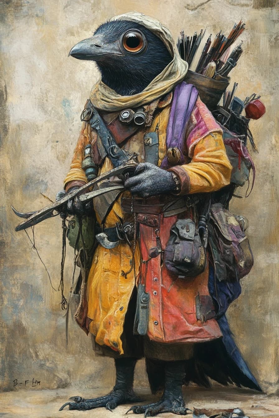 Fantasy character portrait, male kenku (bird person), small size, wearing oversized colorful coverall with many pockets, holding self-made spoon crossbow, big curious eyes, background gear and scrap, chaotic inventor style, children's book meets D&D, art by Brian Froud, --ar 2:3

--style raw --stylize 200