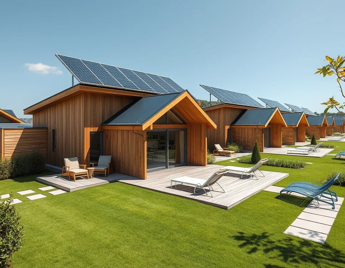 Wide-angle architectural photo of a modern cottage village for tourists. High-tech single-story frame houses with flat roofs, advanced solar panel arrays on top. Open terraces with outdoor lounge chairs, manicured green lawns, clean pathways. Bright daylight, premium real estate look, ultra-detailed textures of wood and glass.