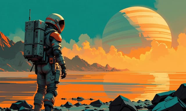 A masterpiece,  in the style of the 1980s, with bold lines, dynamic strokes and rich textures, on background with a touch of nostalgia, perhaps with subtle drawings inspired by cellulose and vintage, worn textures similar to paper,oil painting, Cinematic sci‑fi thumbnail: a lone astronaut in a bulky, detailed spacesuit stands on the rippling dark orange-brown liquid shoreline of an alien moon, back to viewer, gazing toward a futuristic domed colony on the distant coast; massive ringed gas giant (Saturn-like) looms low in the sky with dramatic atmospheric bands and warm halo light, volumetric fog and low clouds hug the horizon, harsh rim lighting outlines the helmet and suit, strong reflections and specular highlights on the wet surface, subtle wave ripples and floating ice chunks. Foreground sharp, background slightly atmospheric perspective blur, wide-angle low camera angle for epic scale. Rich cinematic color grading: high contrast, deep shadows, warm golden highlights and cool teal midtones. hyper-detailed, photoreal with concept art flair, 16:9 composition, high resolution, dramatic and mysterious mood.