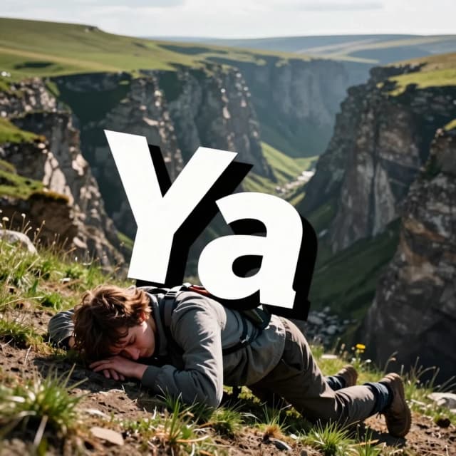 Создай, пожалуйста, фото усталого, грустного человека, пытающегося подняться вверх по склону глубокого ущелья.
Он ползет вверх на четвереньках, цепляясь за землю и  траву руками.
На его плече огромная буква "Я" русского алфавита.
Буква привязана к спине перпендикулярно, во весь рост. Высота буквы в 2 раза больше, чем рост человека.
Ниже по склону глубокое темное ущелье.
Выше - горное плато с зеленой травой и там светит солнце.