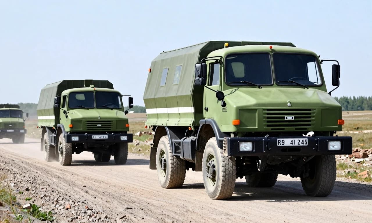 Военный камаз и уазик гонят по грязной дороге