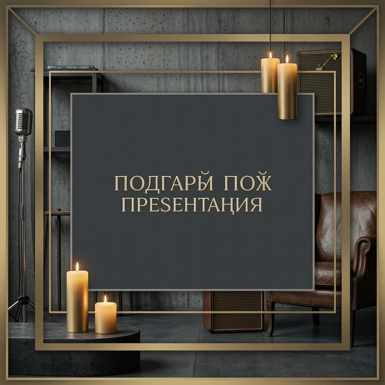 Сгенерируй серию фоновых изображений для деловой презентации. Стиль — элегантный, дорогой, минималистичный, с атмосферой уюта и творческой свободы. Основная цветовая палитра — глубокие, насыщенные тёмные тона: антрацитово-серый, графитовый, оттенки мокрого асфальта и тёмного дерева. В качестве акцентных цветов используй приглушённый тёплый золотой, цвет латуни и мягкий свет свечей.

Ключевые визуальные элементы для фона:

Текстура бетона или грубой штукатурки.

Мягкий, рассеянный свет, создающий глубокие тени (эффект «chiaroscuro»).

Намёки на винтажную мебель и профессиональное музыкальное оборудование (например, очертания микрофона, ретро-колонки или старого кожаного кресла), но очень размыто, чтобы не отвлекать от текста.

Минималистичные геометрические линии или рамки, добавляющие структуру и ощущение «лофта».

Технические требования:

Формат изображения: 16:9 (для стандартных слайдов).

Очень важно: фон должен быть преимущественно тёмным и однородным в центральной части, чтобы обеспечить контрастность и читаемость любого текста светлого цвета.