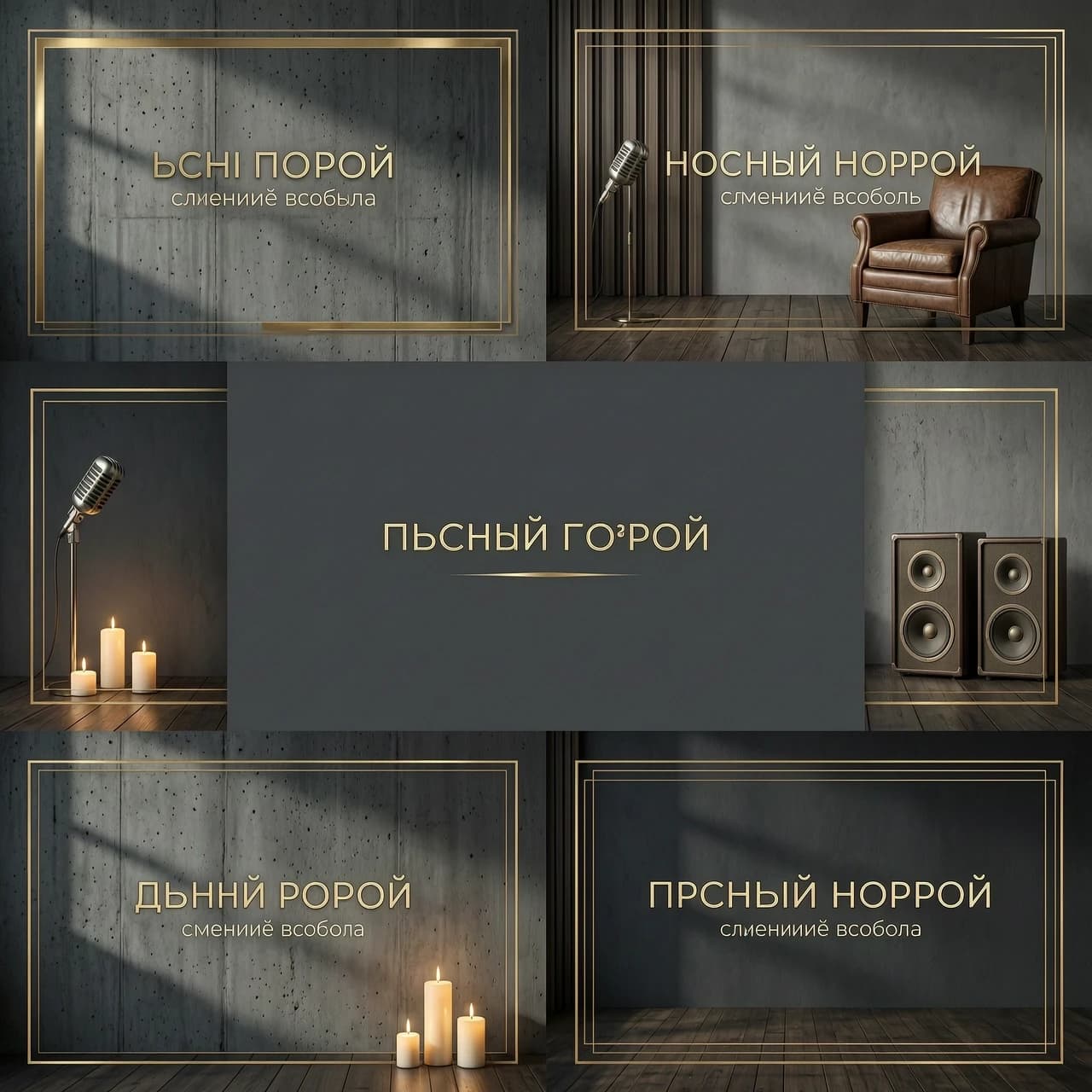 Сгенерируй серию фоновых изображений для деловой презентации. Стиль — элегантный, дорогой, минималистичный, с атмосферой уюта и творческой свободы. Основная цветовая палитра — глубокие, насыщенные тёмные тона: антрацитово-серый, графитовый, оттенки мокрого асфальта и тёмного дерева. В качестве акцентных цветов используй приглушённый тёплый золотой, цвет латуни и мягкий свет свечей.

Ключевые визуальные элементы для фона:

Текстура бетона или грубой штукатурки.

Мягкий, рассеянный свет, создающий глубокие тени (эффект «chiaroscuro»).

Намёки на винтажную мебель и профессиональное музыкальное оборудование (например, очертания микрофона, ретро-колонки или старого кожаного кресла), но очень размыто, чтобы не отвлекать от текста.

Минималистичные геометрические линии или рамки, добавляющие структуру и ощущение «лофта».

Технические требования:

Формат изображения: 16:9 (для стандартных слайдов).

Очень важно: фон должен быть преимущественно тёмным и однородным в центральной части, чтобы обеспечить контрастность и читаемость любого текста светлого цвета.