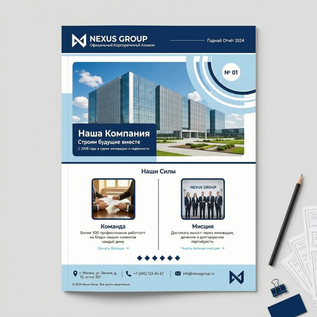 Design an A4 landscape album for a company. Use corporate colors blue and white. Each page should accommodate 1 large or up to 4 small photographs, along with a small amount of text.