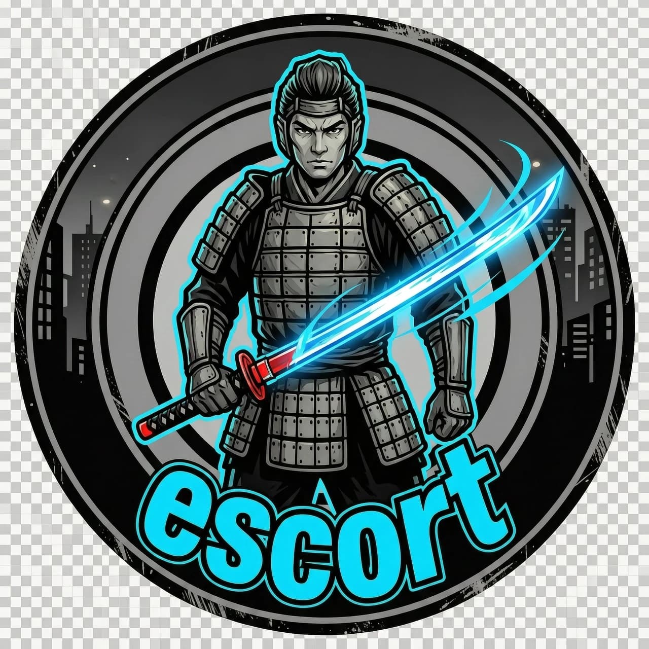 Основной промпт (1 текст):
«Логотип для игрового сообщества escort (надпись: “escort”, без других слов). Форма: круглая эмблема (круглая композиция, centered). Полуреалистичный самурай в улично-графическом стиле street-art: чёткие контуры, stencil/tрафаретные тени. Самурай в доспехах держит один клинок (катана), катана наполовину вынута из ножен; лезвие с ярким холодным голубым неоновым свечением. Поза уверенная, “готовность к бою”, акцент на контроле территории и скорости через динамичные графические линии движения вокруг силуэта. Символика контроля территории: внутри круга минималистичный знак-ареал (полукольцо/мишень/кольцевая зона контроля) вокруг персонажа, без букв и без эмблем сторонних сторон. Городской urban streetwear, лёгкий гранж: текстурный шум/царапины по краям, но без размытия. На фоне внутри композиции — только графический намёк на ночной городской ритм (без явных узнаваемых надписей), приоритет — читаемость эмблемы. Палитра: чёрный, серый, неоновый голубой, и одна капля красного (акцент у лезвия или около рукояти). Требования к стилю: высококонтрастный графический логотип, хорошо читается в малом размере. Надпись “escort” встроить в нижнюю дугу внутри круга (как часть эмблемы), читабельный street/graffiti-конструктив, можно с лёгким контуром или обводкой неоновым голубым, только “escort”, никаких других слов. Фон отсутствует: прозрачный background.»

Negative prompt (весь полностью):
«без текста типа community, majestic и без любых других надписей, кроме “escort”; без других слов вообще; без фона (фон отсутствует/прозрачный только); без ночного города и силуэтов небоскрёбов; без отдельного заднего изображения; без брендов/логотипов; без размытия и без “мыльности”; без лишних цветов (только чёрный/серый/неоновый голубой/одна капля красного); без эффекта видео/анимации; без лишних предметов (никаких вторых клинков, только один клинок); без аляпистых рамок, не относящихся к эмблеме; без водяных знаков; без сложных полутонов “как фото”; без низкой читаемости в маленьком размере.»