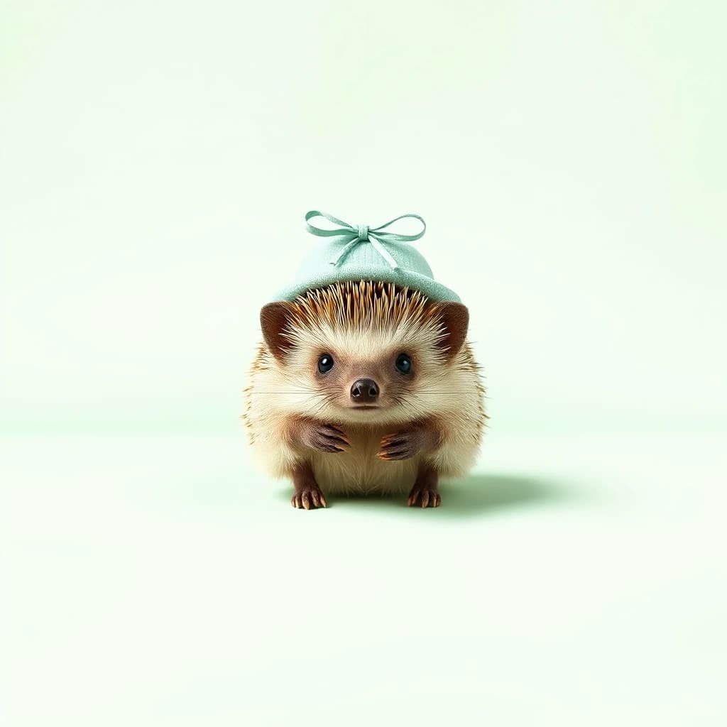 Draw a symmetrical frontal frame in the style of Wes Anderson for the A6 format. In the center is a full—length hedgehog, he stands in a calm pose, on his head is a miniature mint—colored hat with a thin ribbon. The background is smooth, matte mint, without unnecessary details. Palette: mint, brown, beige, white. The lighting is smooth, warm, and without harsh contrasts. High detail: the needles are worked out, the texture of the fabric of the hat, the proportions of the hedgehog are accurate. No labels. 8K, stylized to match a movie frame.