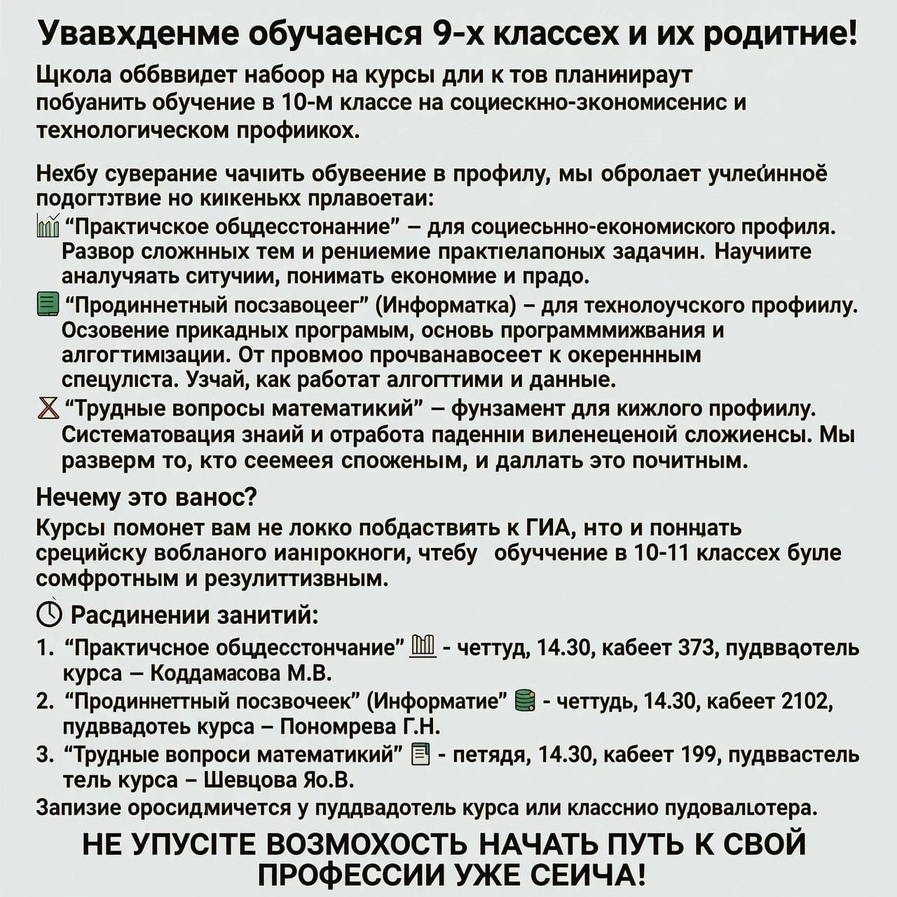 Уважаемые обучающиеся 9-х классов и их родители!
Школа объявляет набор на курсы для тех, кто планирует продолжить обучение в 10-м классе на социально-экономическом и технологическом профилях.
Чтобы уверенно начать обучение в профиле, мы предлагаем углублённую подготовку по ключевым предметам:
•	📊 «Практическое обществознание» — для социально-экономического профиля. Разбор сложных тем и решение практических задач. Научись анализировать ситуации, понимать экономику и право.
•	💻 «Продвинутый пользователь» (Информатика) — для технологического профиля. Освоение прикладных программ, основы программирования и алгоритмизации. От простого пользователя к уверенному специалисту. Узнай, как работают алгоритмы и данные.
•	➗ «Трудные вопросы математики» — фундамент для каждого профиля. Систематизация знаний и отработка заданий повышенной сложности. Мы разберём то, что кажется сложным, и сделаем это понятным.
Почему это важно?
Курсы помогут вам не только подготовиться к ГИА, но и понять специфику выбранного направления, чтобы обучение в 10-11 классах было комфортным и результативным.
🕒 Расписание занятий:
1.	«Практическое обществознание» 🏛️ - четверг, 14.30, кабинет 373, руководитель курса – Колдамасова М.В.
2.	«Продвинутый пользователь» (Информатика) 💾 – четверг, 14.30, кабинет 2102, руководитель курса – Пономарева Г.Н.
3.	«Трудные вопросы математики» 🧮 – пятница, 14.30, кабинет 199, руководитель курса – Шевцова Ю.В.
Запись осуществляется у руководителя курса или классного руководителя.
НЕ УПУСТИТЕ ВОЗМОЖНОСТЬ НАЧАТЬ ПУТЬ К СВОЕЙ ПРОФЕССИИ УЖЕ СЕЙЧАС!