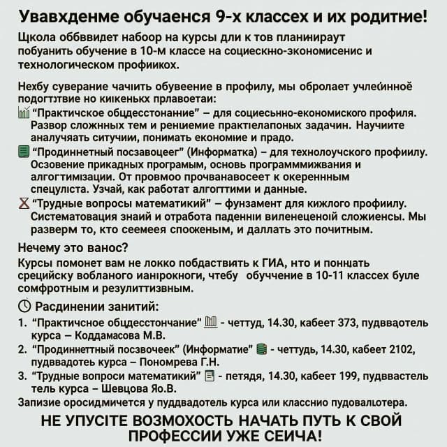 Уважаемые обучающиеся 9-х классов и их родители!
Школа объявляет набор на курсы для тех, кто планирует продолжить обучение в 10-м классе на социально-экономическом и технологическом профилях.
Чтобы уверенно начать обучение в профиле, мы предлагаем углублённую подготовку по ключевым предметам:
•	📊 «Практическое обществознание» — для социально-экономического профиля. Разбор сложных тем и решение практических задач. Научись анализировать ситуации, понимать экономику и право.
•	💻 «Продвинутый пользователь» (Информатика) — для технологического профиля. Освоение прикладных программ, основы программирования и алгоритмизации. От простого пользователя к уверенному специалисту. Узнай, как работают алгоритмы и данные.
•	➗ «Трудные вопросы математики» — фундамент для каждого профиля. Систематизация знаний и отработка заданий повышенной сложности. Мы разберём то, что кажется сложным, и сделаем это понятным.
Почему это важно?
Курсы помогут вам не только подготовиться к ГИА, но и понять специфику выбранного направления, чтобы обучение в 10-11 классах было комфортным и результативным.
🕒 Расписание занятий:
1.	«Практическое обществознание» 🏛️ - четверг, 14.30, кабинет 373, руководитель курса – Колдамасова М.В.
2.	«Продвинутый пользователь» (Информатика) 💾 – четверг, 14.30, кабинет 2102, руководитель курса – Пономарева Г.Н.
3.	«Трудные вопросы математики» 🧮 – пятница, 14.30, кабинет 199, руководитель курса – Шевцова Ю.В.
Запись осуществляется у руководителя курса или классного руководителя.
НЕ УПУСТИТЕ ВОЗМОЖНОСТЬ НАЧАТЬ ПУТЬ К СВОЕЙ ПРОФЕССИИ УЖЕ СЕЙЧАС!