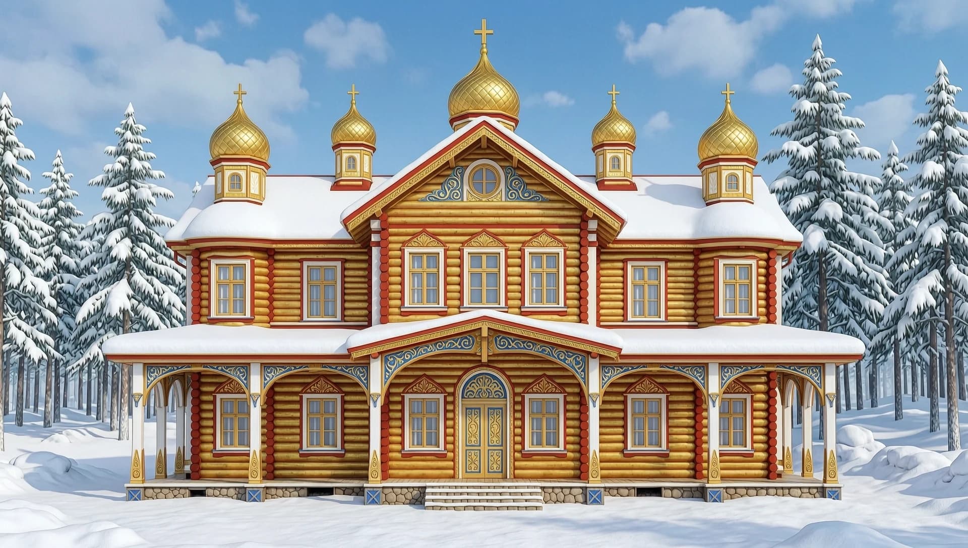 создай рисунок зд-Терем, царская усадьба, 2 этажа, построенная в русском народном сказочном стиле из круглых бревен, с купольными башенками, без крестов, с широкими боковыми пристройками, и арками; цвета: много золотой росписи, белый, красный, с синими акцентами; сказочный стиль, яркие цвета, глянцевые золотые узоры, резные ставни с объемными узорами, много резьбы и узоров в народном русском стиле, на заднем плане — зимний сказочный лес со снежными сугробами; иллюстрация 3д, «Нарисуй дом строго в анфас, без поворотов, чтобы фасад был полностью виден, без бокового ракурса». «Сгенерируй изображение дома, повёрнутого прямо к камере, анфас. Не допускай наклона или скошенного вида». «Изобрази дом фронтально. Избегай ракурсов в три четверти или профиля — мне нужен именно анфас». «Сделай акцент на фасаде: дом целиком, без поворота. Подчеркни симметрию и фронтальную плоскость