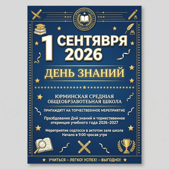 Объявление о школьном празднике 1 сентября 2026 Юрминская средняя общеобразовательная школа  приглашает на торжественное мероприятие посвященное Дню Знаний