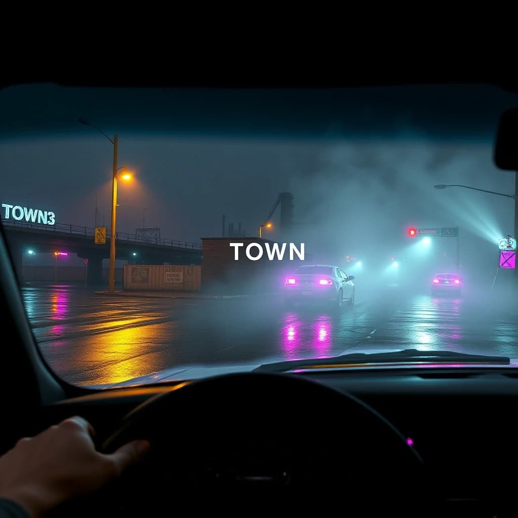 Обложка для трека «Town» сгенерирована в разрешении 1024×1024 пикселя.

Визуальный ряд передает мрачную атмосферу ночного города: вид из салона затонированного маслкара, залитый дождем перекресток и индустриальные силуэты на горизонте. Внизу кадра отчетливо виден обод руля, задающий точку обзора. Единственный старый фонарь бросает жесткие желтые пятна света на мокрый асфальт, которые смешиваются с холодными фиолетовыми и бирюзовыми бликами неоновых вывесок. Из канализационных люков поднимается густой туман. Слово «TOWN» интегрировано прямо в окружение — оно проступает сквозь кирпичную стену как призрачный глитч или стрит-арт.