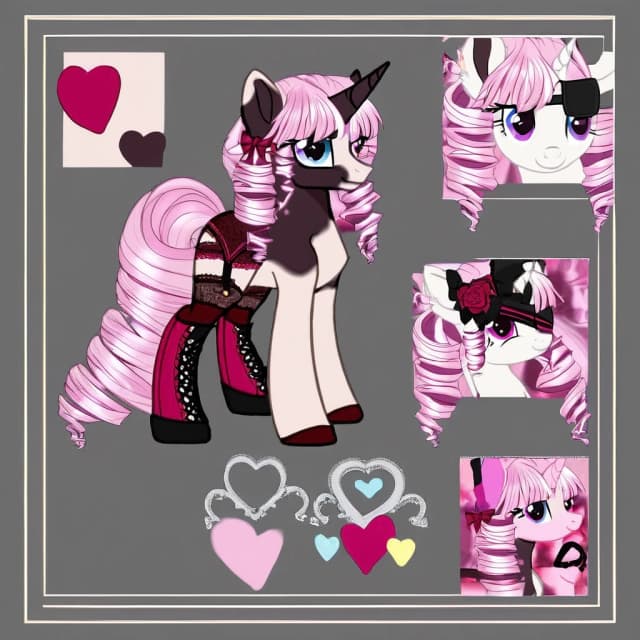 character reference sheet, rating: safe, my little pony, pony, unicorn, one horn, ivory body, soft pink two-color drill curls mane and tail, eyepatch, bows, lace, boots, thigh highs, garterbelt, soft pink gothic aesthetic