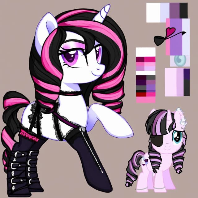 character reference sheet, rating: safe, my little pony, pony, unicorn, one horn, ivory body, soft pink two-color drill curls mane and tail, eyepatch, bows, lace, boots, thigh highs, garterbelt, soft pink gothic aesthetic